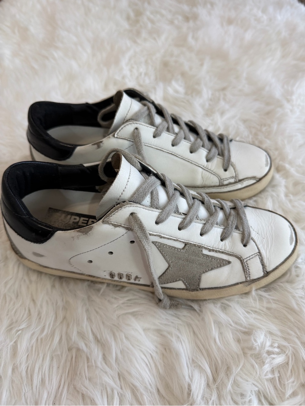 Golden Goose White Leather Sneakers with Gray Star and Black Heel Size 35 US 5